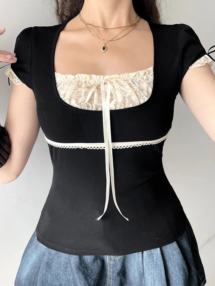 Sweet Y2K Contrast Lace Patchwork Square Collar Black T-Shirt Women Short Sleeve Basic Balletcore Cute Summer Tops