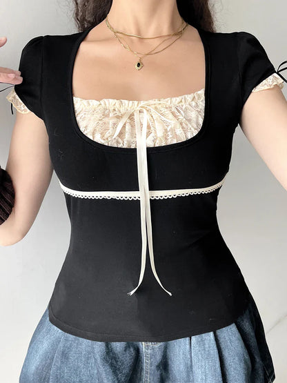 Contrast Lace Patchwork Y2K Black Crop Top