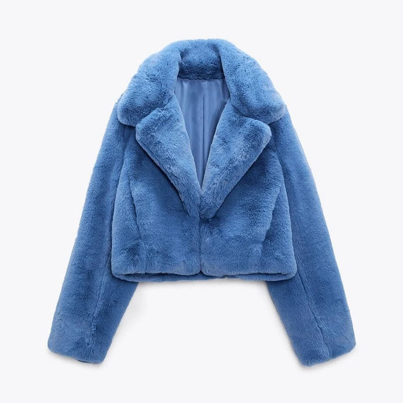 Ins Chic Street Fashion Girls Blue Cropped Plush Fur Coat Women Winter  New Trend Faux Rabbit Fur Jacket Coats Short Outwear