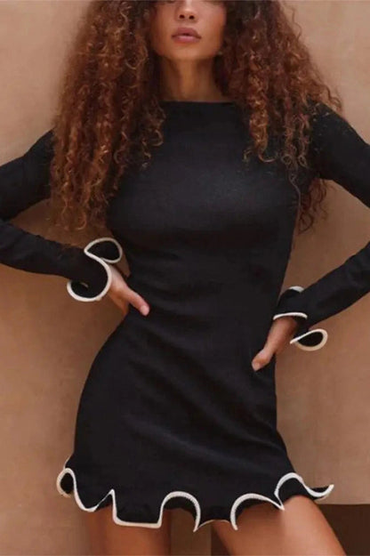 O Neck Long Sleeve Bodycon Mini Dress - Black