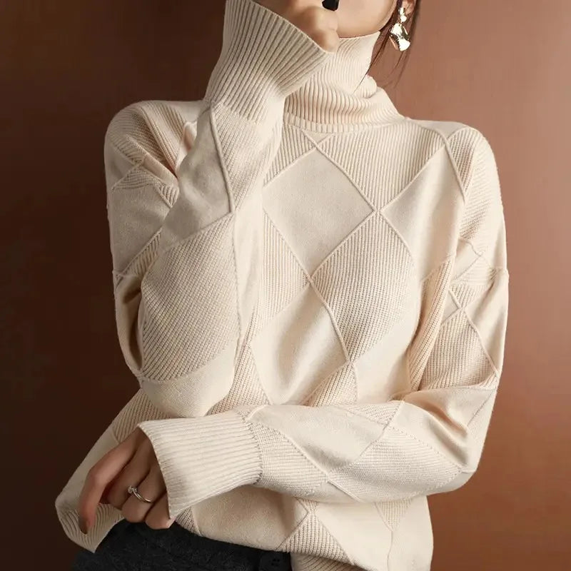 Autumn and Winter New Women’s Pullover Sweater Thickened Warmth Fashion Knitted Wool Sweater High Collar DF4845