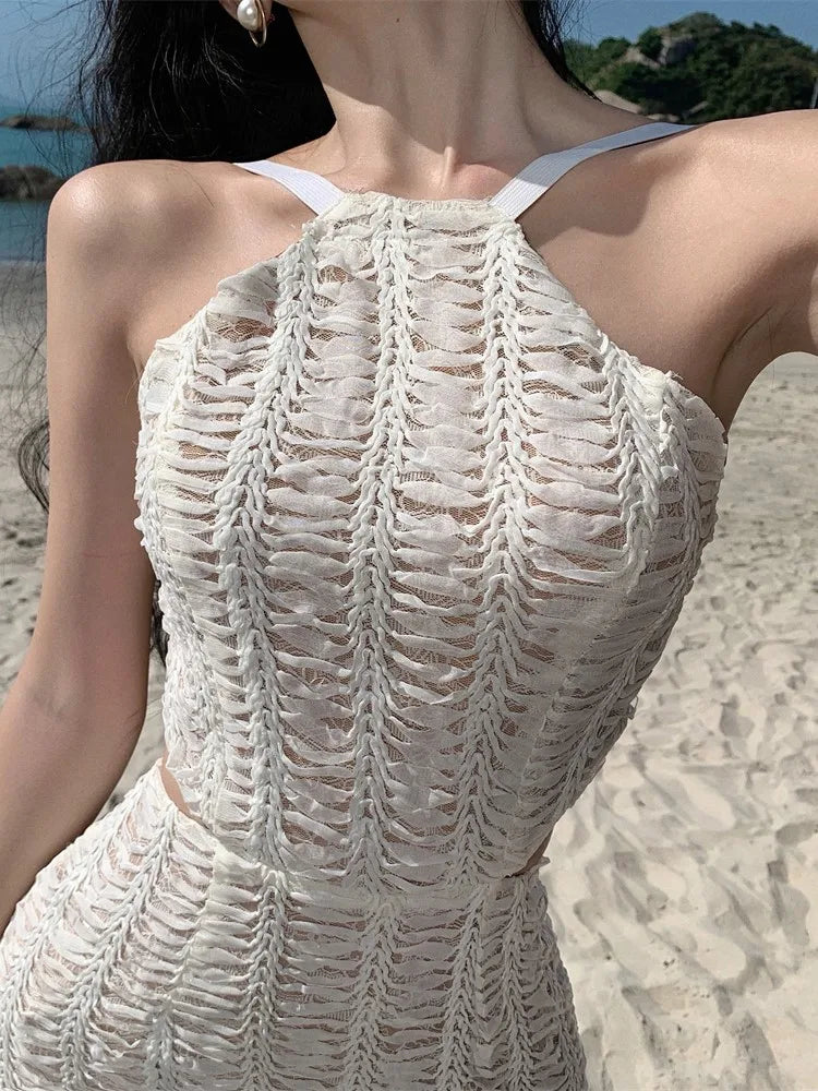 Sexy Knitting Backless Bodycon Dresses for Women Halter Slim Party Dress Sleeveless Korean Fashion Holiday Style Vestidos Mujer