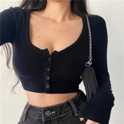Sexy Women’s V-Neck Tank Tops T-Shirt Short Sleeve Solid Color Button Crop Top Clubwear Top Summer Slim Short T-Shirt For Womens