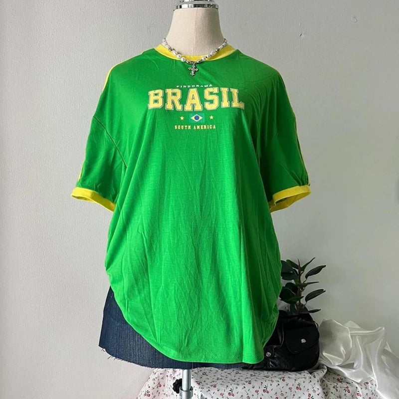 Europe and the United States loose letters yellow green top Y2K women’s summer T-shirt sexy clothing street