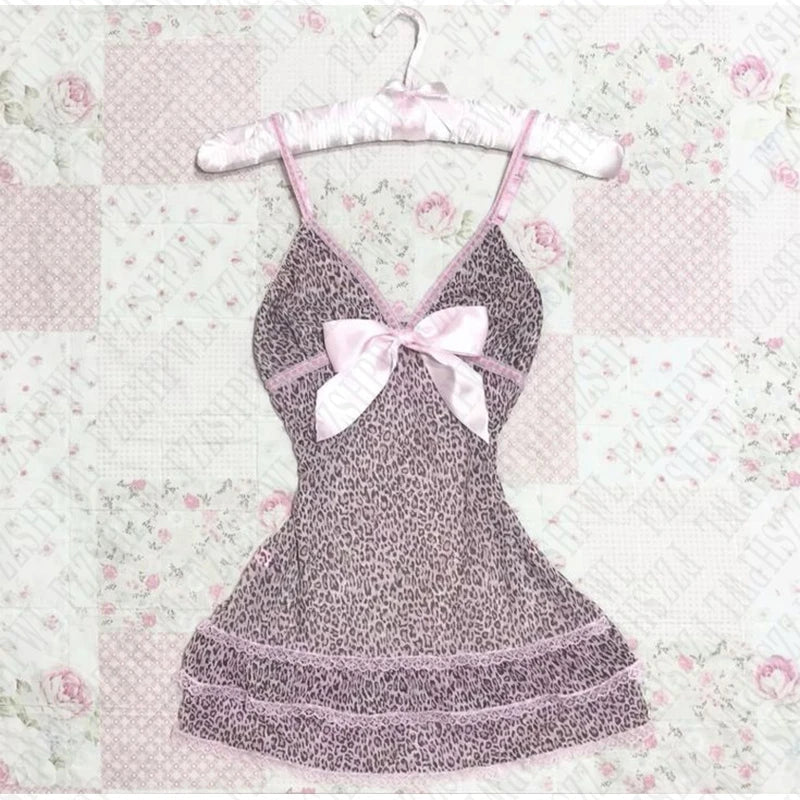 Streetwear Y2K Dress vintage Aesthetic Hip Hop Casual Cute Pink Bow Lace Punk emo girl Slim V Neck Dress
