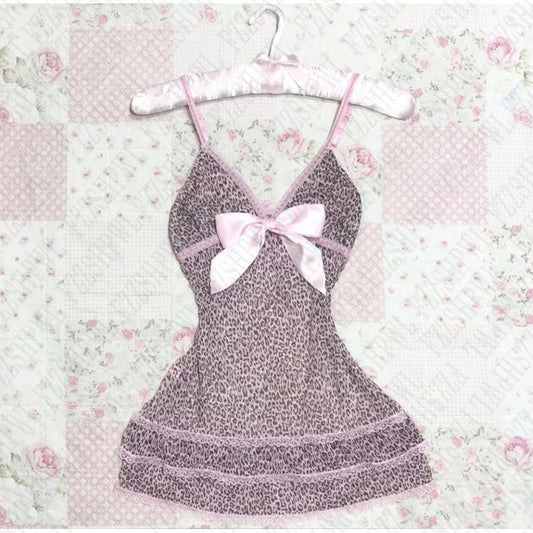 Streetwear Y2K Dress vintage Aesthetic Hip Hop Casual Cute Pink Bow Lace Punk emo girl Slim V Neck Dress