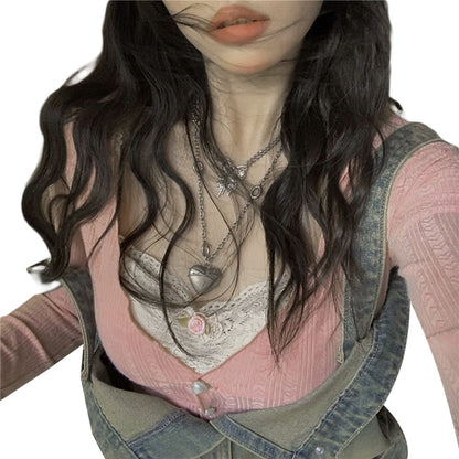y2k Crop Top Sweet Aesthetic Clothes Lace Patchwork Long Sleeve T Shirt with Bow Decor 2000s Clothing Streetwear