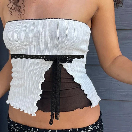 See Through Lace Stitched Corset Top Vintage 2000s Casual Contrast Patchwork Strapless Tube Crop Top y2k Tee