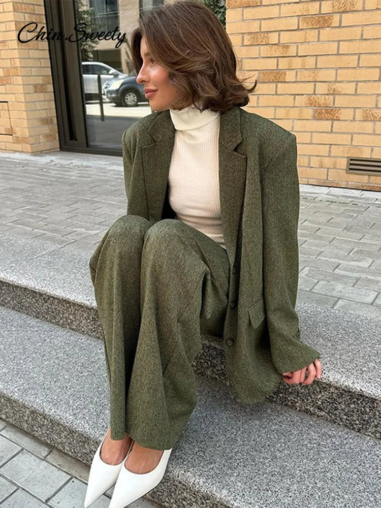 Elegant Coat Pant Sets Woman Fashion Lapel Long Sleeve Single Breasted Blazer Wide Leg Pants 2 Piece Set For Women Loose Outfits