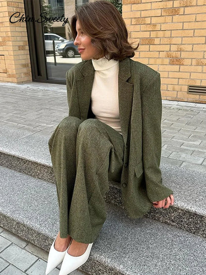 Elegant Coat Pant Sets Woman Fashion Lapel Long Sleeve Single Breasted Blazer Wide Leg Pants 2 Piece Set For Women Loose Outfits
