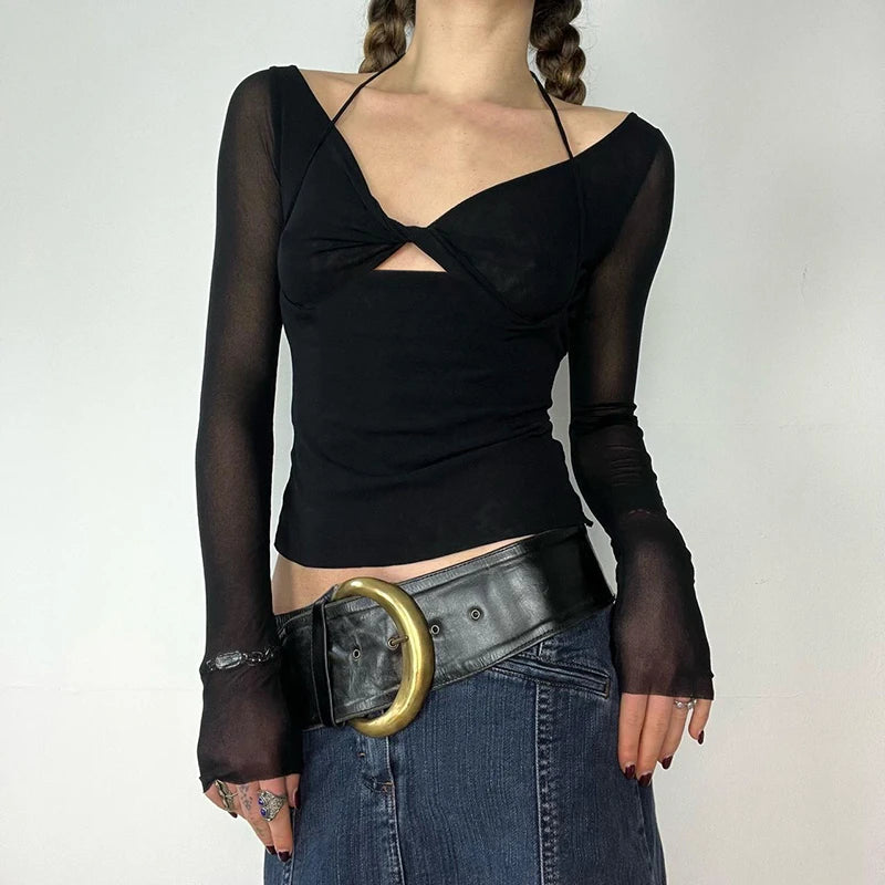 Stylish Cut Out Front Black Sexy Top for Women Mesh Long Sleeve V-neck Halter T-shirt Autumn Vintage Fitted Tees