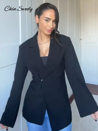 Elegant Metal Button Blazer Suit Women Slim V Neck Long Sleeve Fake Pocket Jacket  Autumn Shoulder Pads Office Lady Outwear
