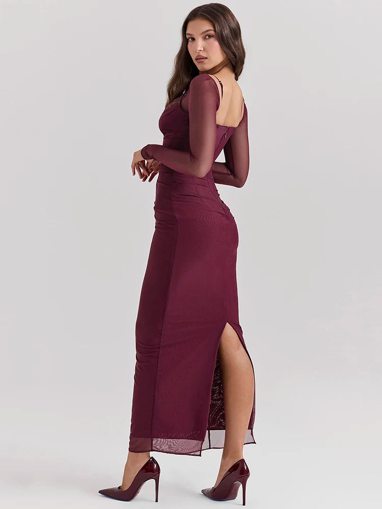 Elegant Sheer Long Sleeve Sexy Maxi Dress For Women Fashion Mesh Strapless Backless Club Party Sexy Long Dress
