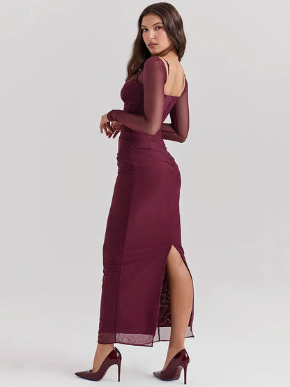Elegant Sheer Long Sleeve Sexy Maxi Dress For Women Fashion Mesh Strapless Backless Club Party Sexy Long Dress