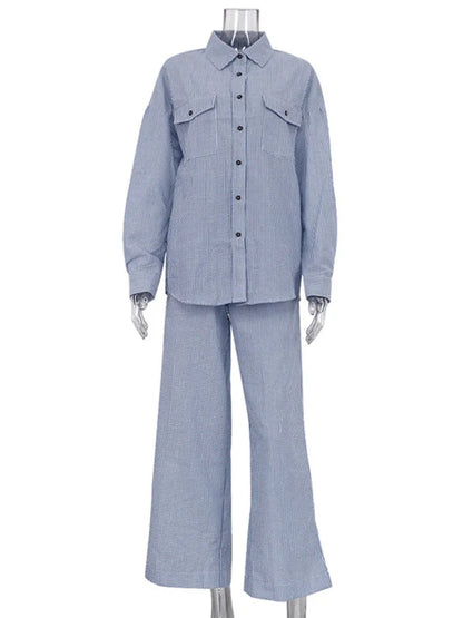 Fashion Contrast Color Shirt Pants Suit 2-piece Women's Summer Striped Casual Patchwork Women's Suit 2-piece Pants Suit