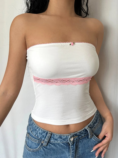 Sweet Y2K Contrast Lace Strapless White Tube Top Women 2000s Cute Kawaii Cropped Vest