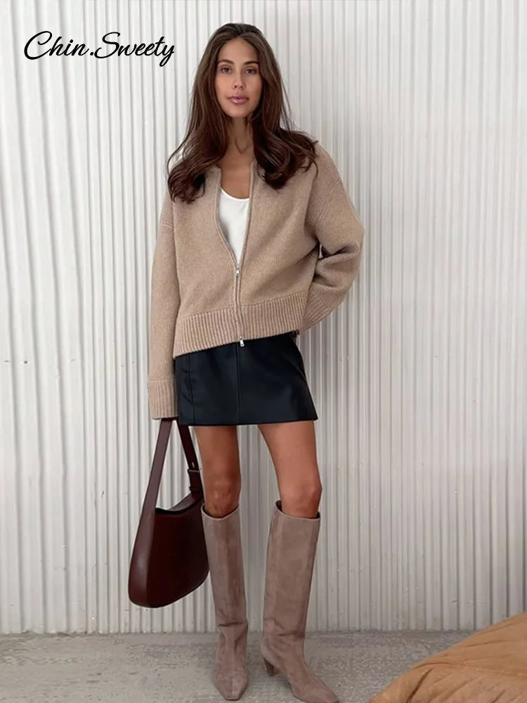 Autumn Winter Zipper O-neck Knitted Cardigans Women Solid Loose Long Sleeve Sweater Top  Fashion Lady All-matching Knitwear