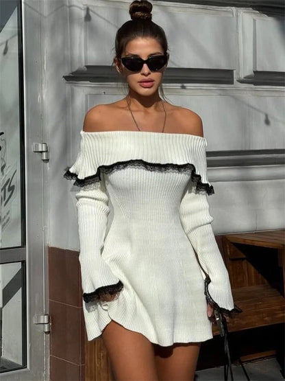 Knit Off-Shoulder Sweater Mini Dress Women's Lace Patchwork Ribbed Slim Backless Elegant Party Dress Knitwear Mini Dress