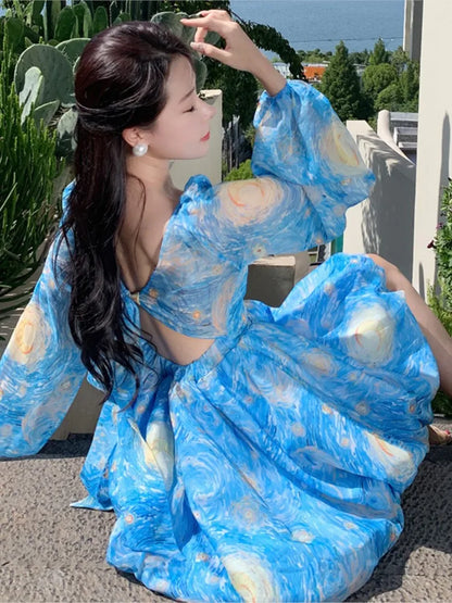 Elegant Printed Short Dresses for Women Backless Holiday Beach Style Lantern Sleeves A-line Floral Mini One Piece Vestido Mujer