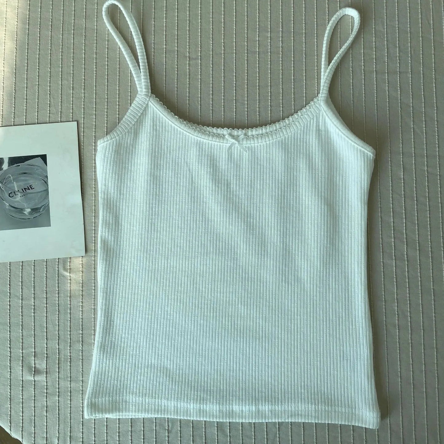 Floral Eyelet Bow Cotton Crop Tops Lace Trim Sleeveless Slim Tank Top Preppy Style Sweet Camisole Y2k Clothes