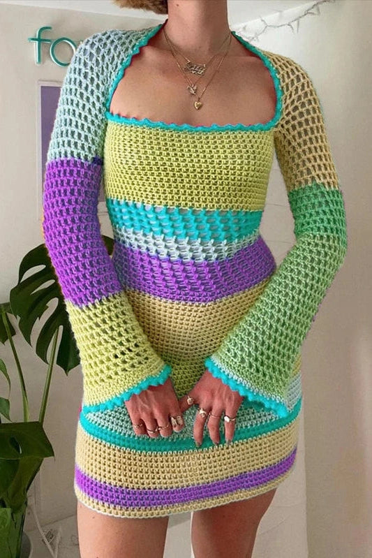Patchwork Long Sleeve Mini Dress