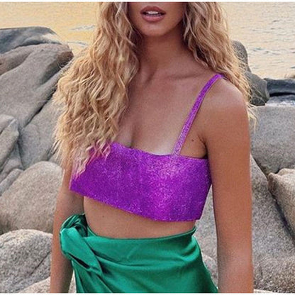 Glitter Club Crop Top Off Shoulder Tank Cami Clothing Super Short Party Night Shiny Bling Sleeveless Tube Tops Y2K