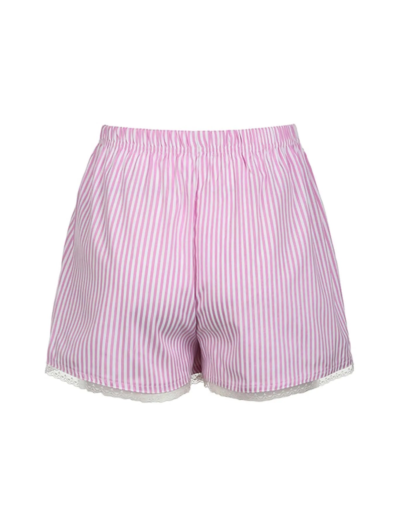 Pink Sweet Y2K Lace Trim Stripe Casual Summer Shorts Women Japanese Kawaii Elastic Waist Button Loose Vacation Outfits