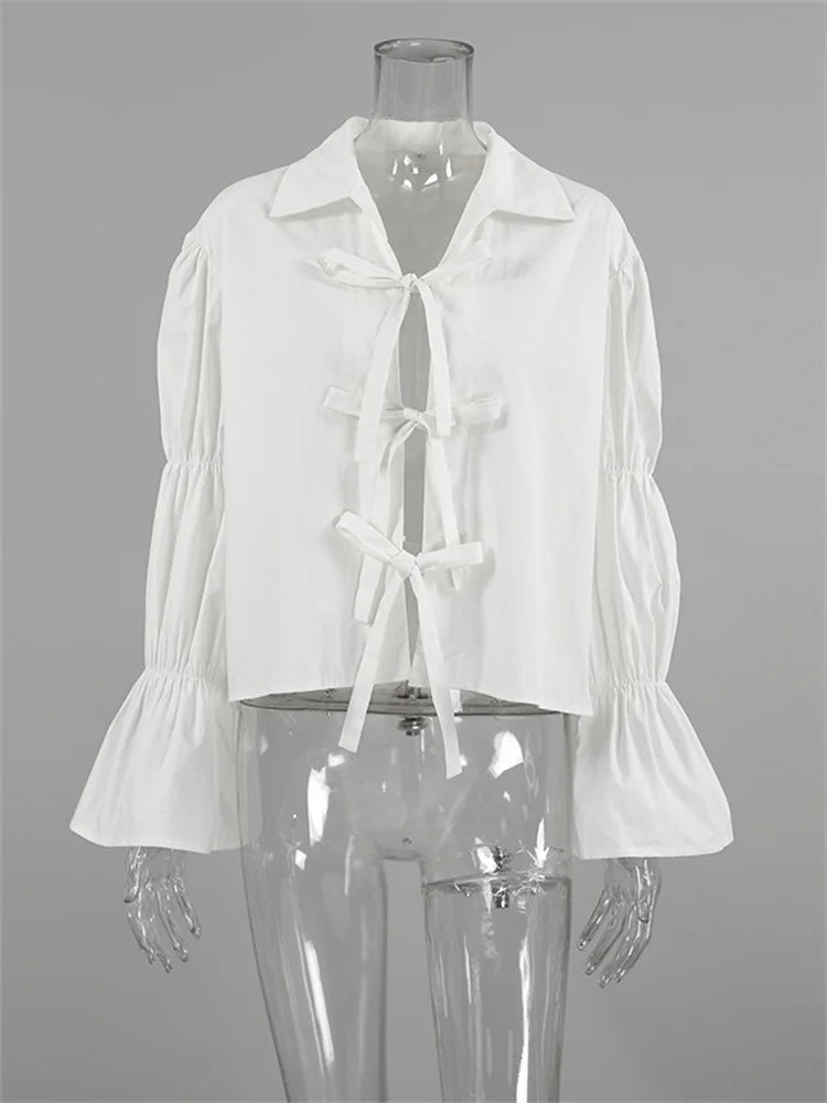 Chiffon Lace-Up Hollow Out Shirts Women’s Lapel Patchwork Bandage Long Sleeve Fashion Blouse Top Female White Outwear