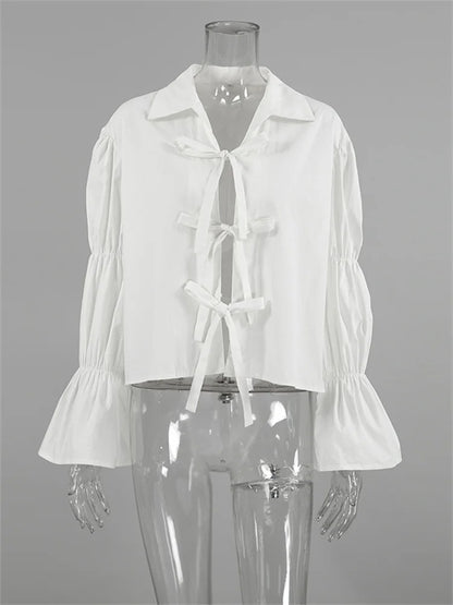 Chiffon Lace-Up Hollow Out Shirts Women’s Lapel Patchwork Bandage Long Sleeve Fashion Blouse Top Female White Outwear