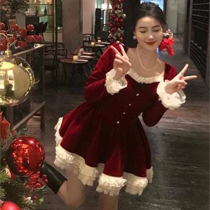 Elegant Velvet Lace Ruffles Patchwork Short Dresses for Women Long Sleeve A-line Korean Fashion Christmas Birthday Party Dress