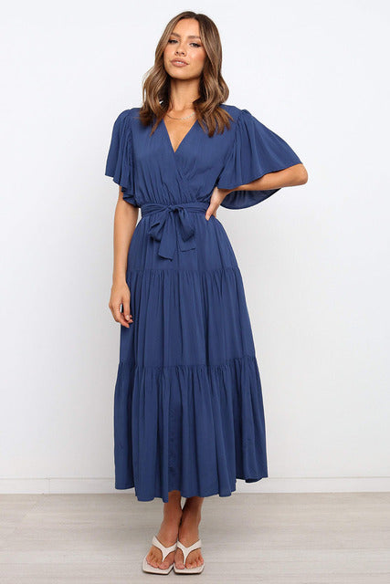 Trendy Solid Color Ruffles Long Dresses Women Sexy V-neck Ruffle Sleeves Leace-up Temperament Elegant Lady Dress 2025 Summer New