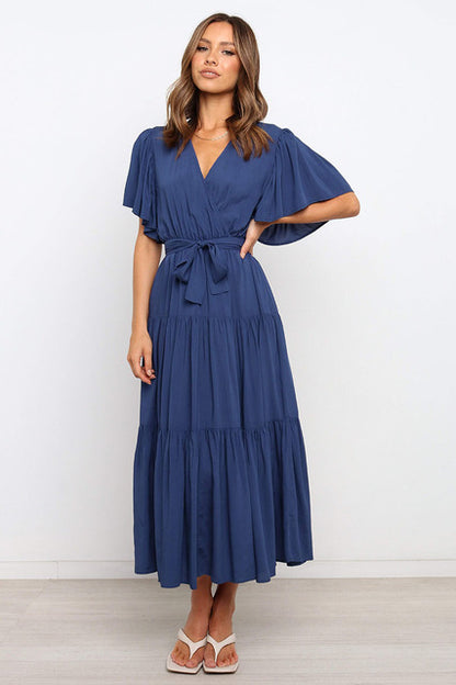 Trendy Solid Color Ruffles Long Dresses Women Sexy V-neck Ruffle Sleeves Leace-up Temperament Elegant Lady Dress 2025 Summer New