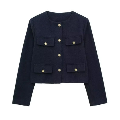 Elegant Solid Button Fake Pocket Jacket Women's Fashion O-neck Long Sleeve Single Breasted Cropped Coats New Lady Chic Outerwear