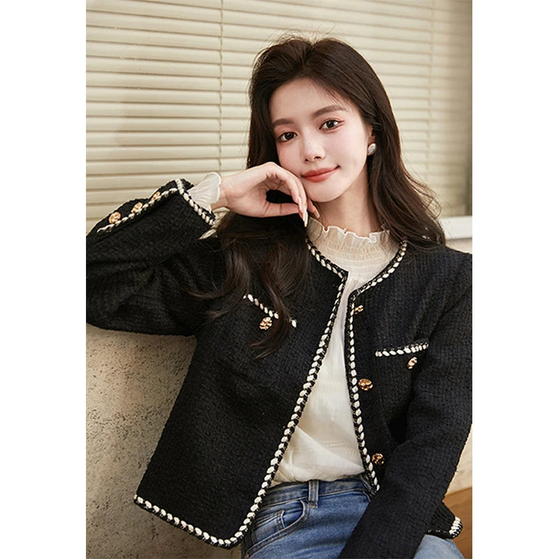 Vintage Cropped Tweed Jacket Women Black Quilted Coat Elegant Blazer Winter Ladies Single Breasted Thicken Outerwear Tops