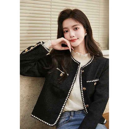 Vintage Cropped Tweed Jacket Women Black Quilted Coat Elegant Blazer Winter Ladies Single Breasted Thicken Outerwear Tops