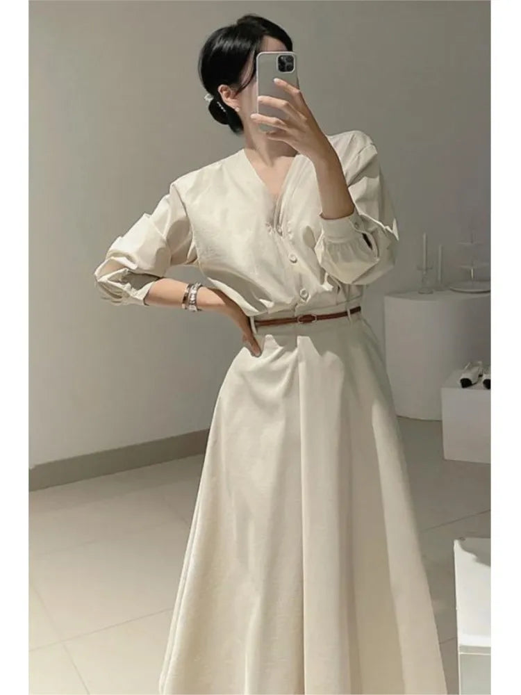 Korean Fashion V-neck Midi Dresses for Women with Belt Long Sleeve A-line Office Lady Autumn New Elegant Solid Female Clothing
