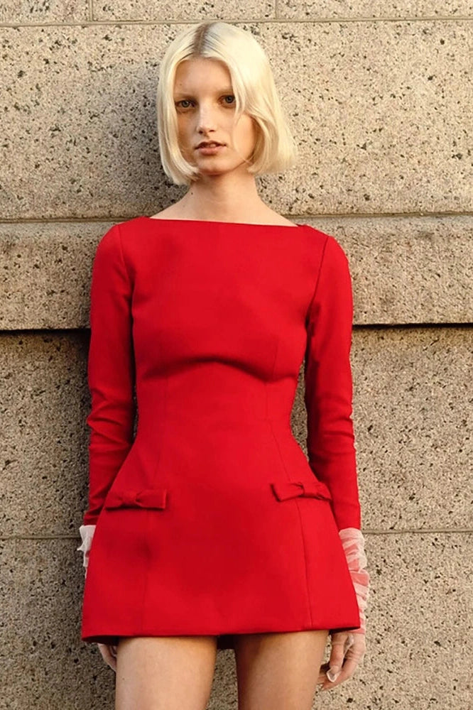 A-Line Mini Dress with Long Sleeves and High Waist