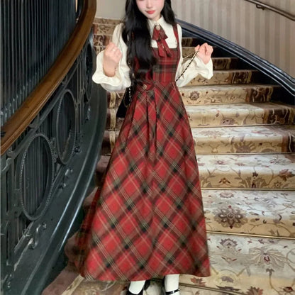 French Vintage Two-piece Dress Set Women Flare Sleeve Shirt Red Plaid Strap Dress A-line Autumn Winter New Christmas Party Dress