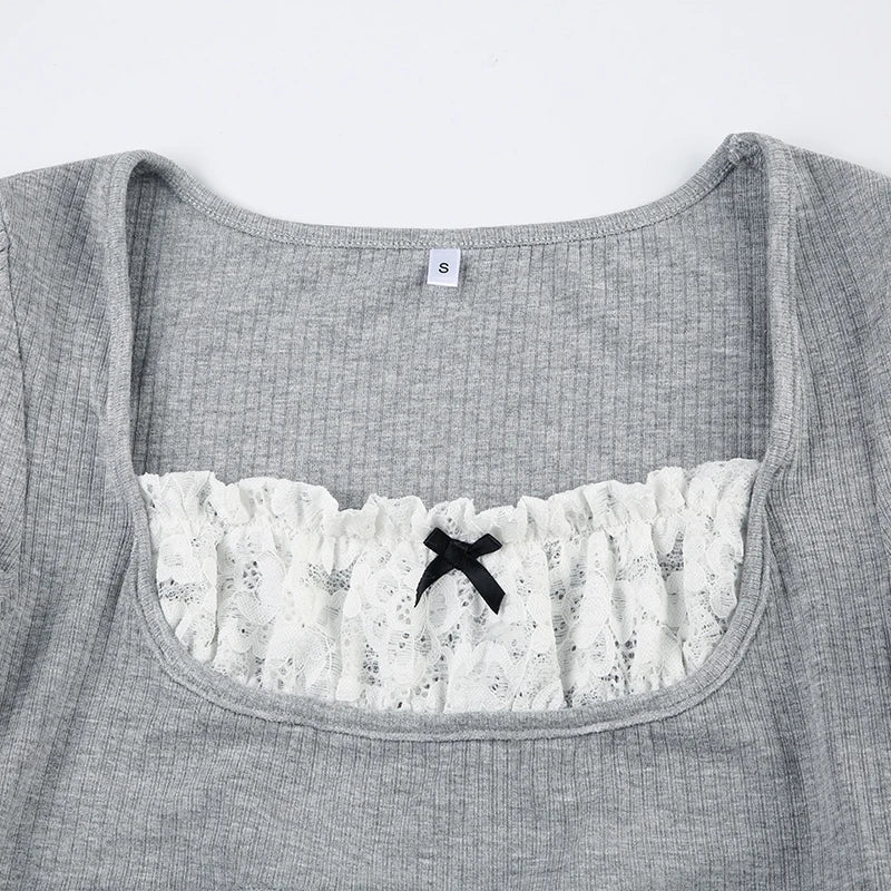 Voguable Y2K Contrast Lace Patchwork Knitted Top Cute Casual Basic Short Sleeve T-shirts Coquette Square Collar Tee