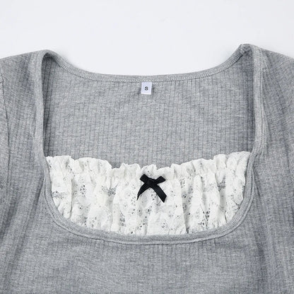 Voguable Y2K Contrast Lace Patchwork Knitted Top Cute Casual Basic Short Sleeve T-shirts Coquette Square Collar Tee
