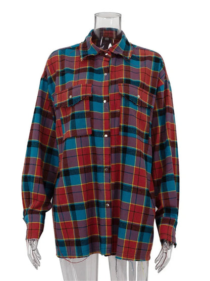 Patchwork Vintage Loose Shirts Female Casual Patchwork Pocket Long Sleeve Contrast Autumn  Outwear Women’s Shirts Tee