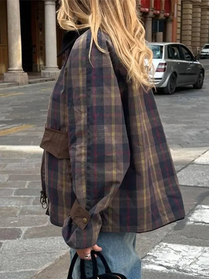Vintage Plaid Printed Women Jacket Patchwork Turn Down Collar Single Breasted Female Coat Autumn Long Sleeve Zipper Outwear