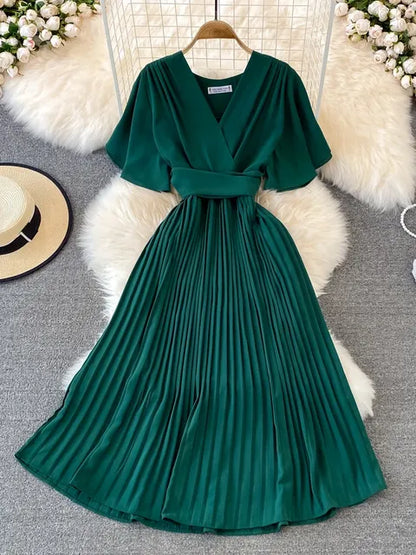 Women Elegant Pleated Dress Summer Short Sleeve V-neck Vintage Dresses Ladies A Line High Waisted Midi Dress