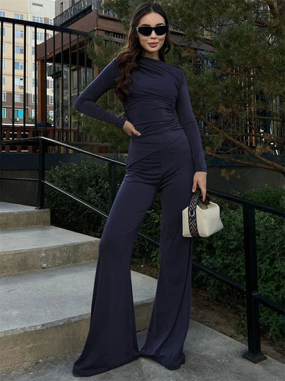 Fashion Autumn 2 Piece-Set Female Flared Pants Streetwear Slim Pleated Long Sleeve Casual Outfits Women’s Pants Sets