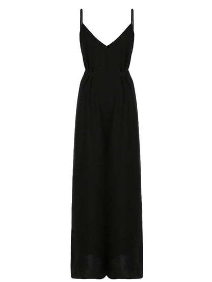 Sleeveless V Neck Loose Casual Black Boho Jumpsuits For Women Backless Vacation Wide Leg Rompers Womens Spaghetti Strap Overalls