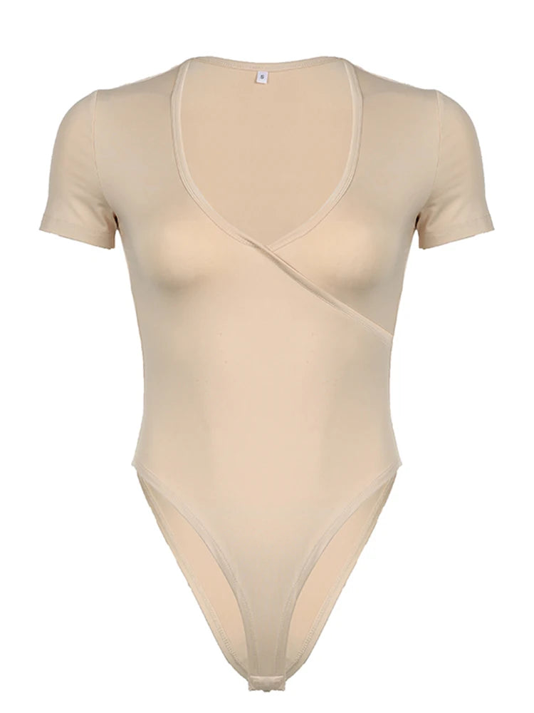 Cross V Neck Skinny Elegant Sexy Short Sleeve Bodysuit For Women Solid Simple Basic Summer Bodys Tops