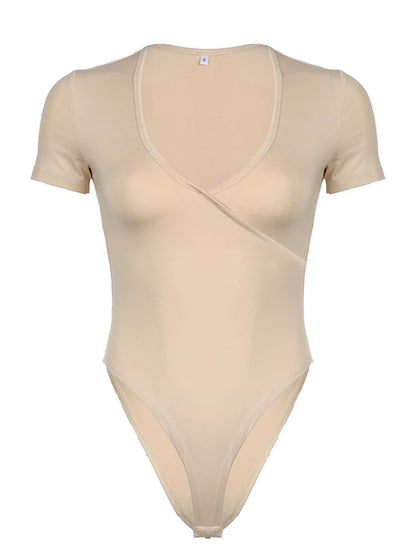 Cross V Neck Skinny Elegant Sexy Short Sleeve Bodysuit For Women Solid Simple Basic Summer Bodys Tops