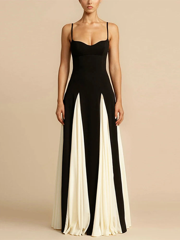 Fashion Patchwork Strap Maxi Dress Women Sexy Sleeveless Backless Female Sling Dresses  Summer New Party Lady Robe