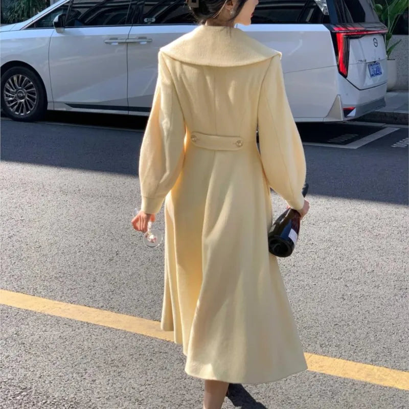 Fashion Women’s Long Coats Winter New Outerwear Lapel Double Breasted Lantern Sleeve Solid Vintage Chic Woolen Overcoats