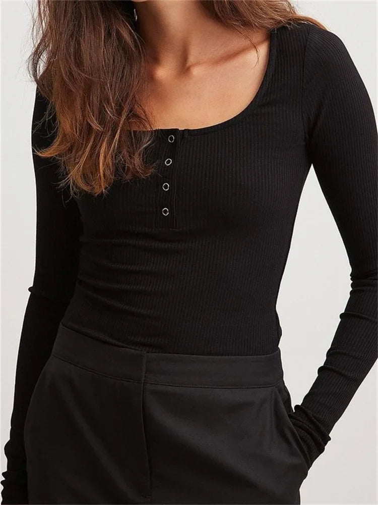 FashionSierra - 2025 Spring Autumn Slim Ribbed Solid Color Long Sleeve Square Neck Buttons Up Streetwear New Tee